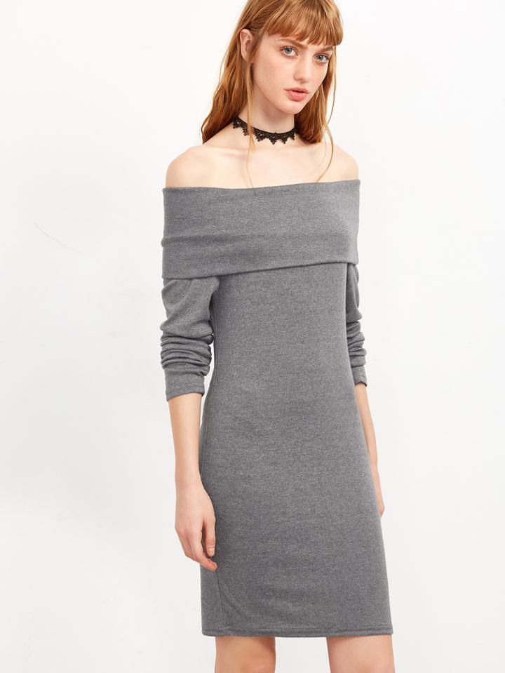 Romwe Grey Off The Shoulder Foldover Dress