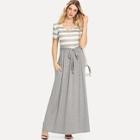 Romwe Tie Front Stripe Contrast Longline Dress