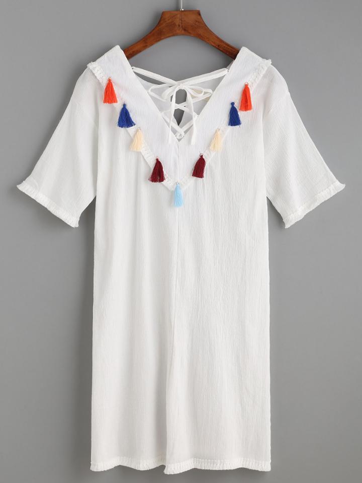 Romwe White Tassel Trim Lace Up Dress