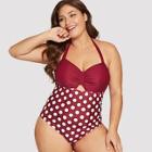Romwe Plus Polka Dot Cut Out Halter One Piece Swimsuit