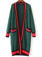 Romwe Green Contrast Trim Sweater Coat With Pocket