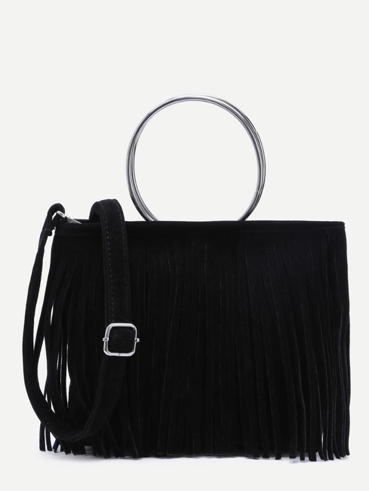 Romwe Black Faux Suede Metal Ring Fringe Crossbody Bag