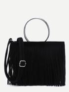 Romwe Black Faux Suede Metal Ring Fringe Crossbody Bag