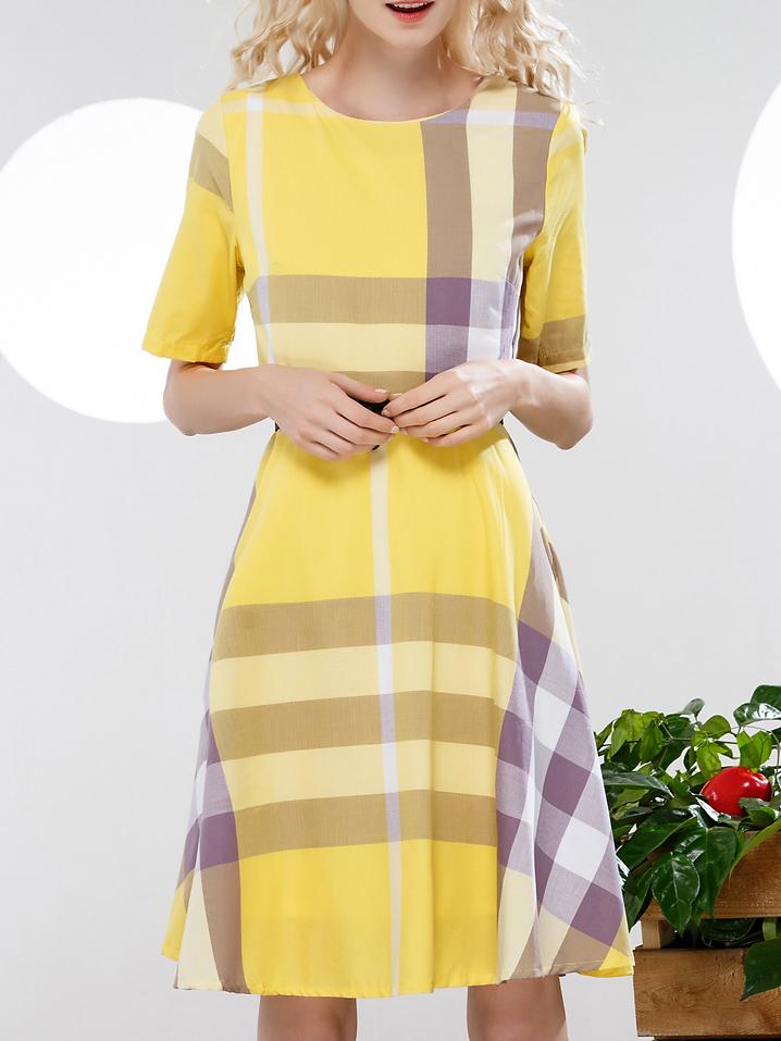 Romwe Yellow Plaid Belted A-line Dress