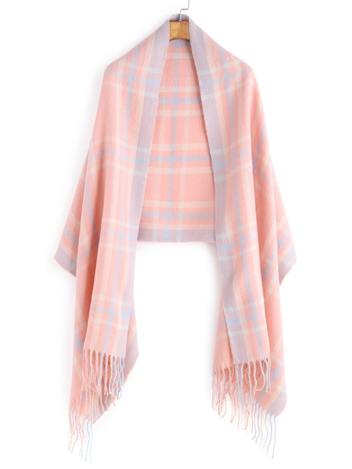 Romwe Light Pink Striped Long Fringe Shawl Scarf