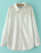 Romwe White Contrast Hollow Lace Loose Blouse