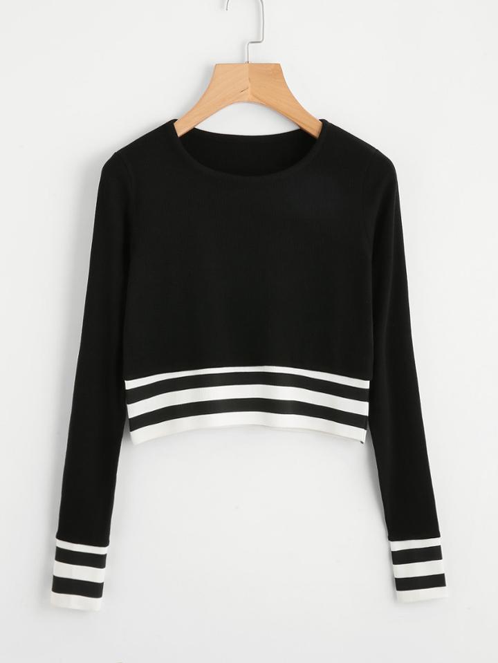 Romwe Striped Hem Ribbed Crop Tee