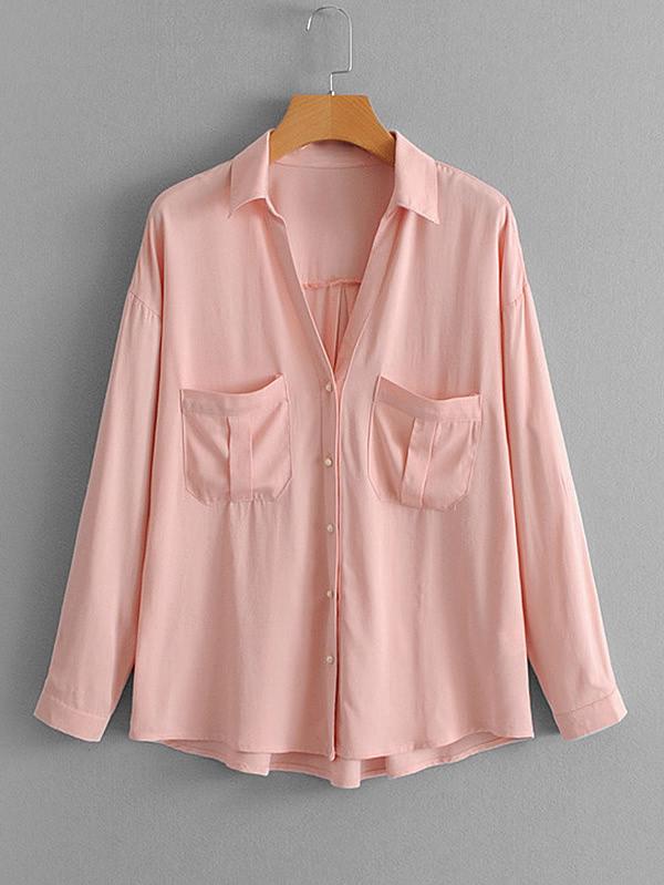 Romwe Faux Pearl Button Drop Shoulder Blouse