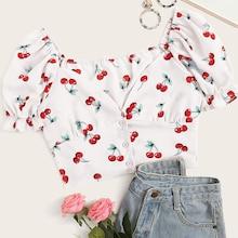 Romwe Cherry Print Button Front Crop Blouse