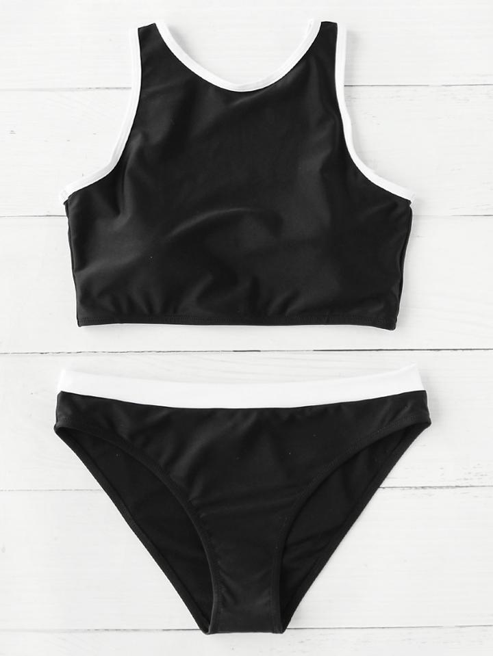 Romwe Contrast Binding Tankini Set