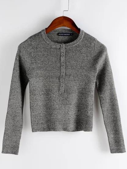 Romwe Round Neck Buttons Slim Crop Grey Knitwear