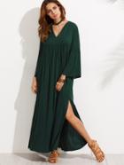 Romwe Dark Green V Neck Bell Sleeve Split Maxi Dress
