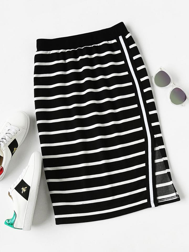 Romwe Ribbed Waist Slit Striped Skirt