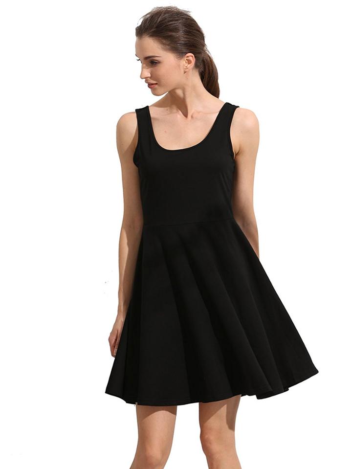 Romwe Black Sleeveless Plain Casual Skater Dress