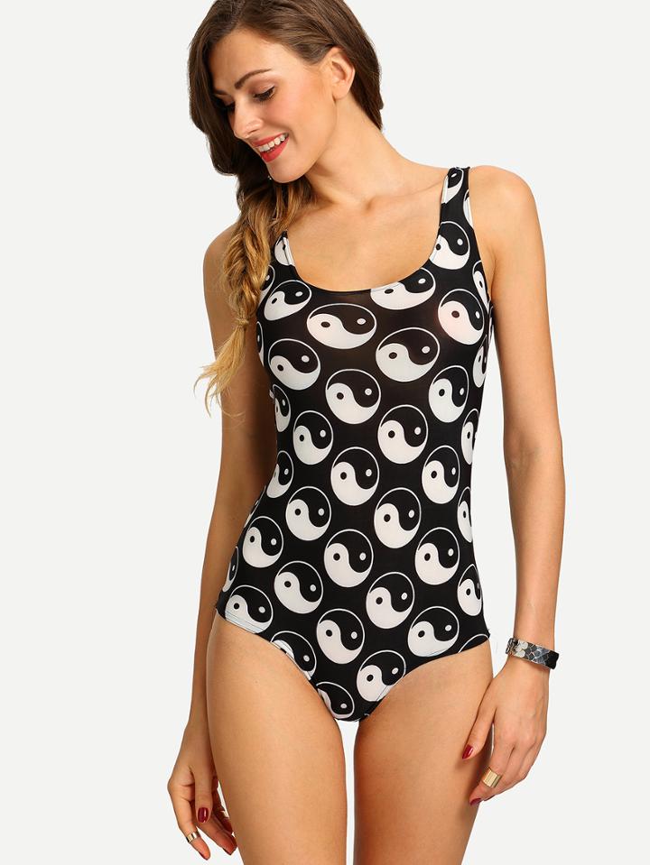 Romwe Yin Yang Print One-piece Swimwear - Black