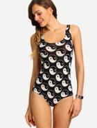Romwe Yin Yang Print One-piece Swimwear - Black
