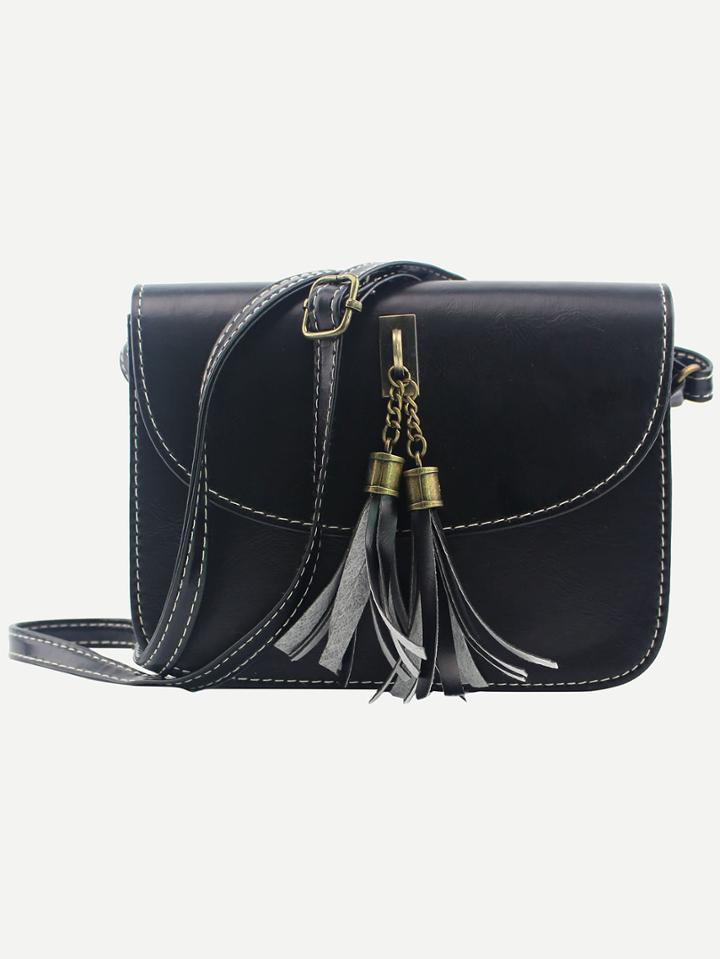 Romwe Tassel Embellished Flap Bag - Black