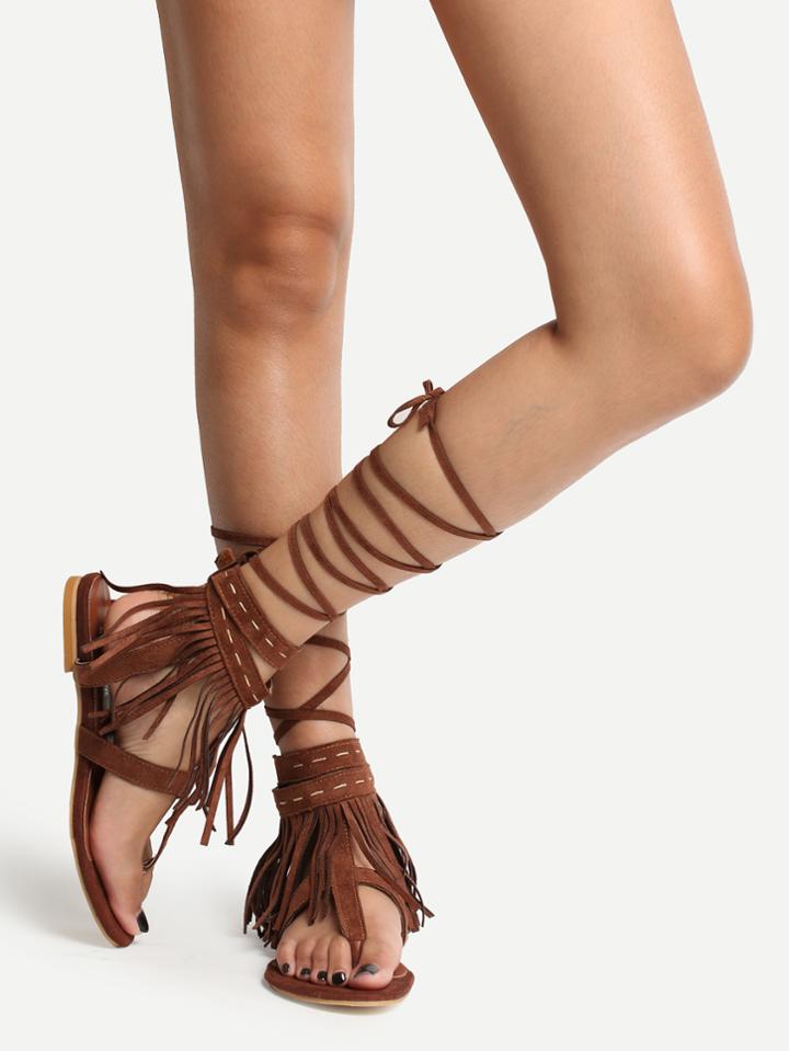 Romwe Brown Fringe Lace-up Faux Suede Flip Sandals