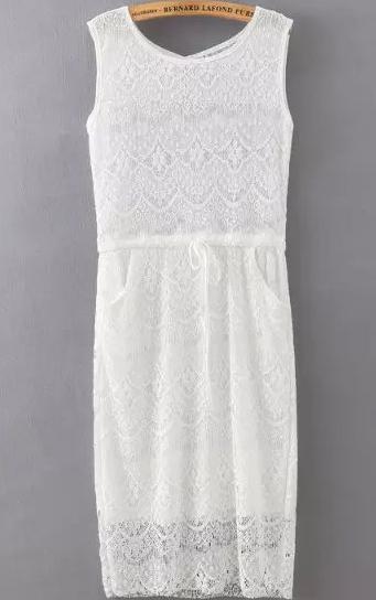 Romwe Drawstring Lace Sun White Dress