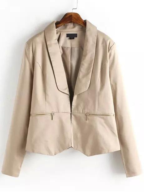 Romwe Lapel Zippers Slim Khaki Blazer