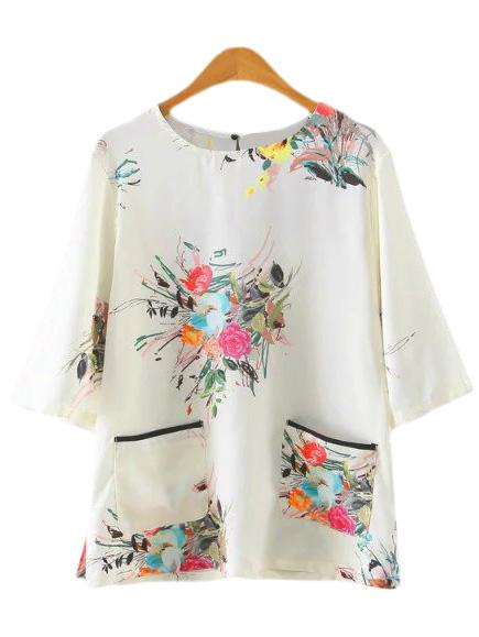 Romwe Multicolor Half Sleeve Pockets Floral Print Blouse