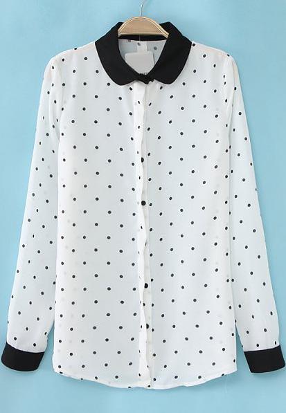 Romwe Contrast Lapel Polka Dots Blouse