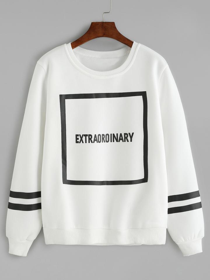 Romwe White Letter Print Varsity Striped Sweatshirt