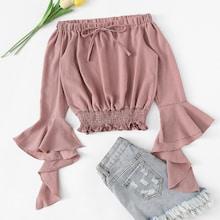 Romwe Flounce Sleeve Shirred Bardot Crop Top