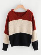 Romwe Color Block Textured Knit Hooded Sweater
