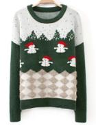 Romwe Snowman Print Knit Green Sweater