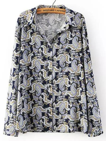 Romwe Lapel Paisley Print Navy Blouse