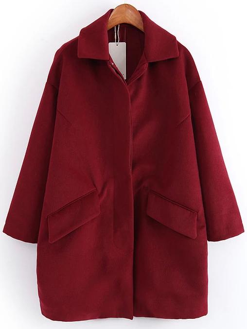 Romwe Women Lapel Loose Burgundy Coat With Pockets
