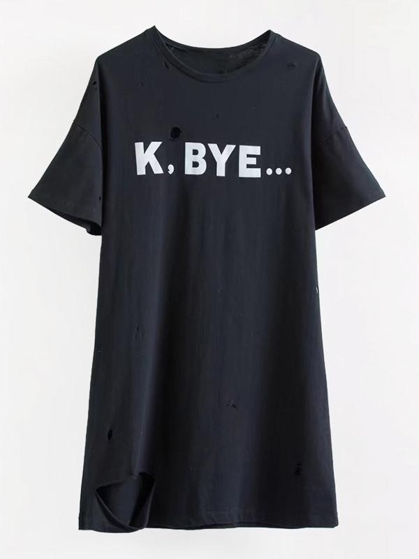Romwe Letter Print Ripped Tee Dress