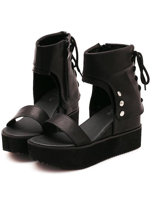 Romwe Black Bandage Hidden Platform Pu Sandals