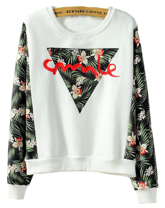 Romwe Leaves Print Embroidered Loose White Sweatshirt