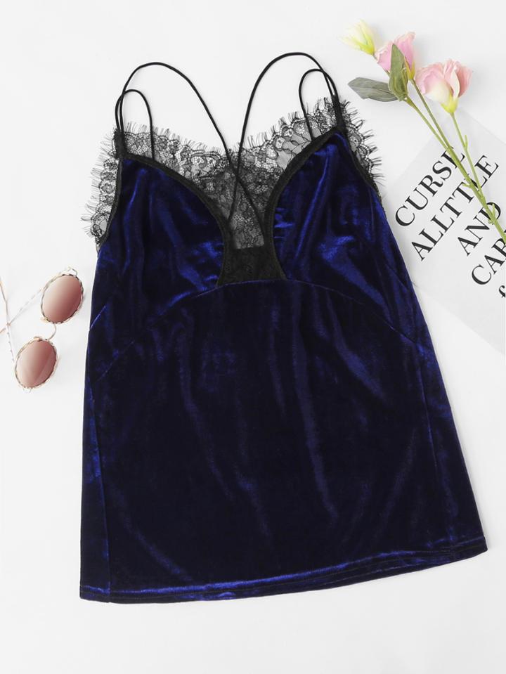 Romwe Velvet Lace Trim Criss Cross Cami Top