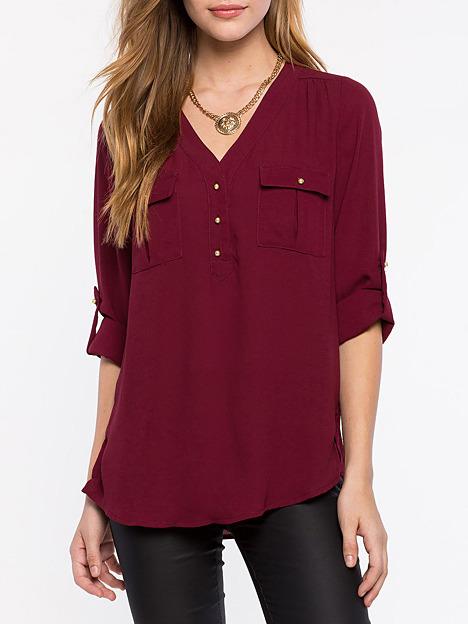 Romwe V Neck Chiffon Shirt With Pockets