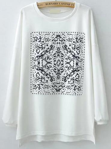Romwe Dip Hem Vintage Print White Sweatshirt