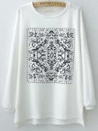 Romwe Dip Hem Vintage Print White Sweatshirt