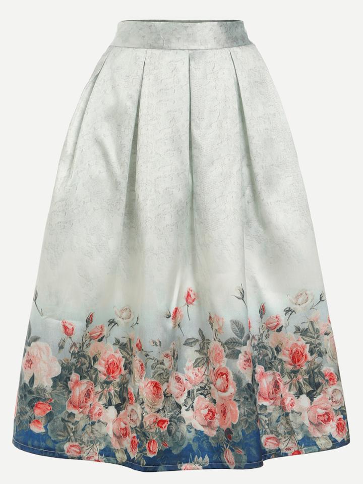 Romwe Floral Print Zipper Flare Skirt
