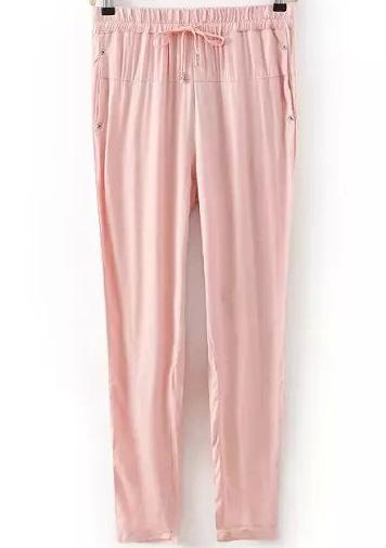 Romwe Pink Drawstring Waist Rivet Pant