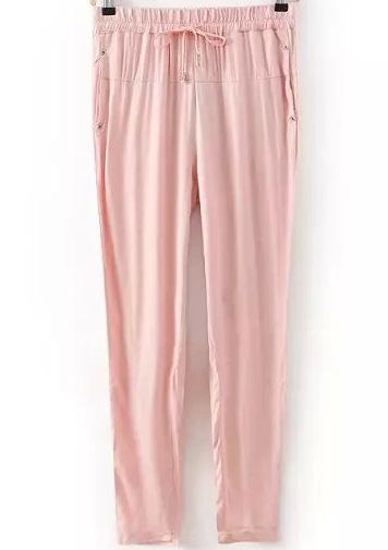 Romwe Pink Drawstring Waist Rivet Pant