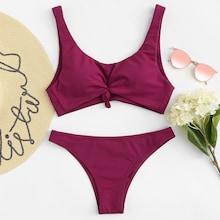 Romwe Plain Knot Scoop Neck Top With High Leg Bikini Set