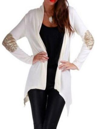 Romwe Open-front Sequined Patch White Coat