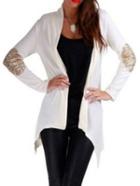 Romwe Open-front Sequined Patch White Coat