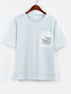 Romwe Blue Striped Letter Print Pocket T-shirt