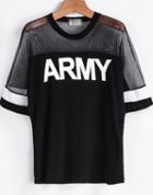 Romwe Black Contrast Sheer Mesh Yoke Army Punk Comfortable Halloween Eve Sexey Print T-shirt