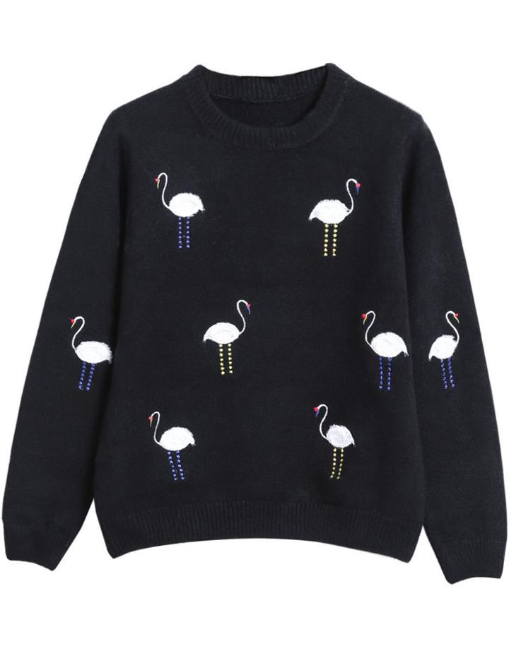 Romwe Black Long Sleeve Swan Print Loose Sweater