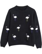 Romwe Black Long Sleeve Swan Print Loose Sweater