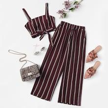 Romwe Plus Knot Front Striped Top & Pant